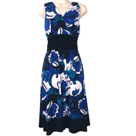 Rabbit Rabbit Rabbit Blue Floral Fit & Flare Dress Sleeveless Black Trim V Neck - Picture 16 of 16